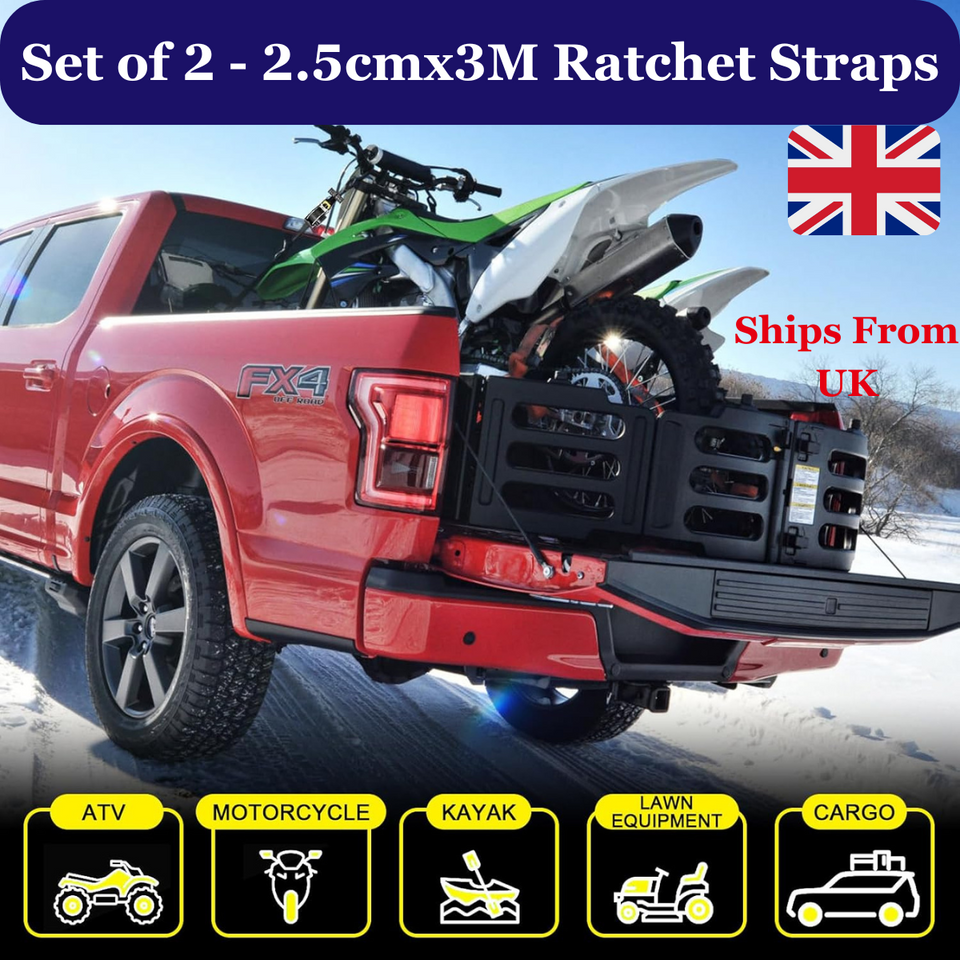 Heavy Duty Retractable Ratchet Straps - Pack of 2 (2.5 cm x 3 m)