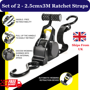 Heavy Duty Auto Retractable Ratchet Straps, 1" x 10', 680 KG Break Strength, 1500 lbs Working Load - Automatic Telescopic Strap Tensioner