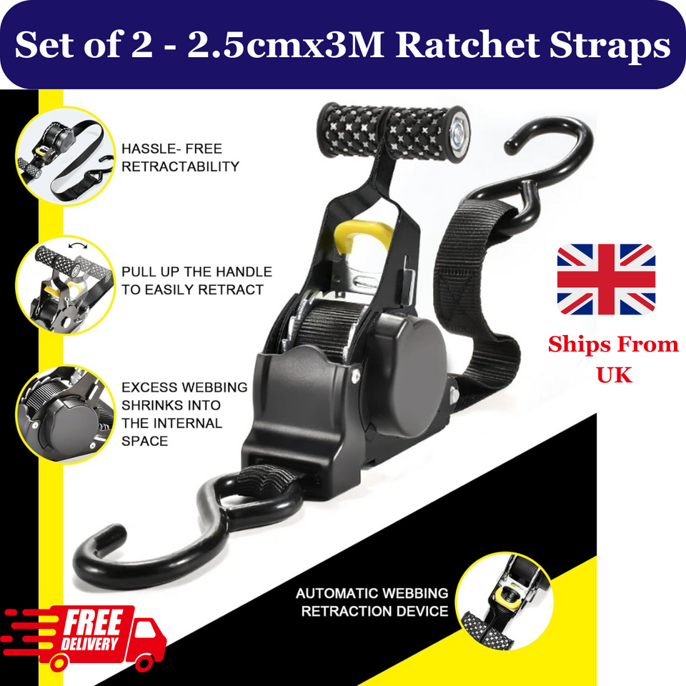 Heavy Duty Retractable Ratchet Straps - Pack of 2 (2.5 cm x 3 m)