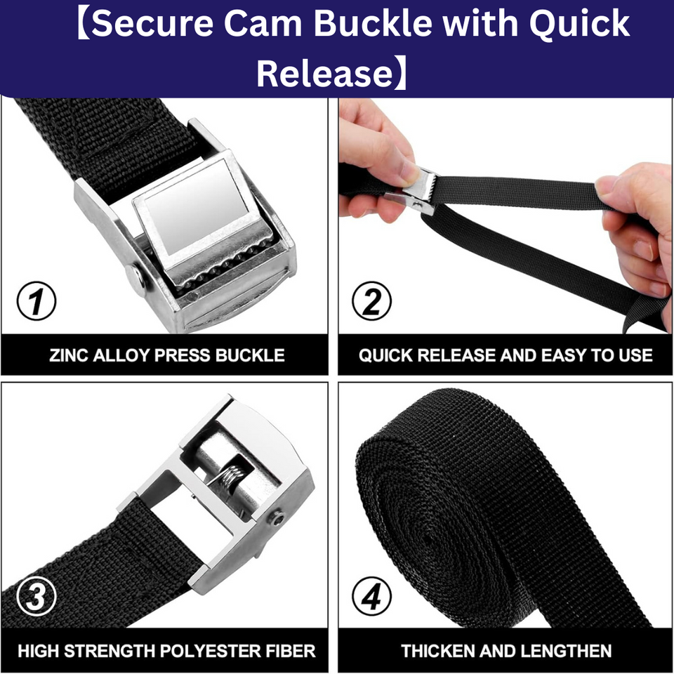 4 Pack Heavy Duty Tensioning Belts, 2M Adjustable Cargo Straps Ratchet Straps for Motorcycle, Cargo, Trucks, Trailer, Luggage, 250kg Loading Capacity, Quick Release (Black)