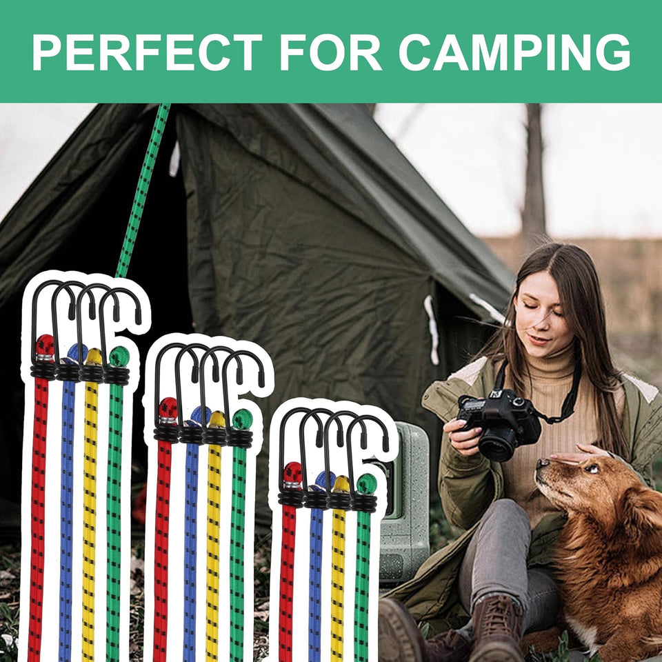 Heavy Duty Bungee Cords 12 Pack Shock Cord Ties Tent/Tarp Fixings Heavy Duty Outdoor Bungie Straps to Packing for Camping, Tent, Storing Packages, Fastening