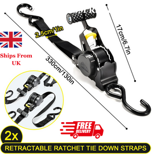 Heavy Duty Auto Retractable Ratchet Straps, 1" x 10', 680 KG Break Strength, 1500 lbs Working Load - Automatic Telescopic Strap Tensioner